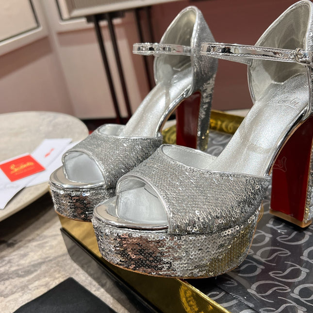 GLITTER SANDALOO PLATFORM SANDALS 130MM IN SILVER-TONE CALFSKIN