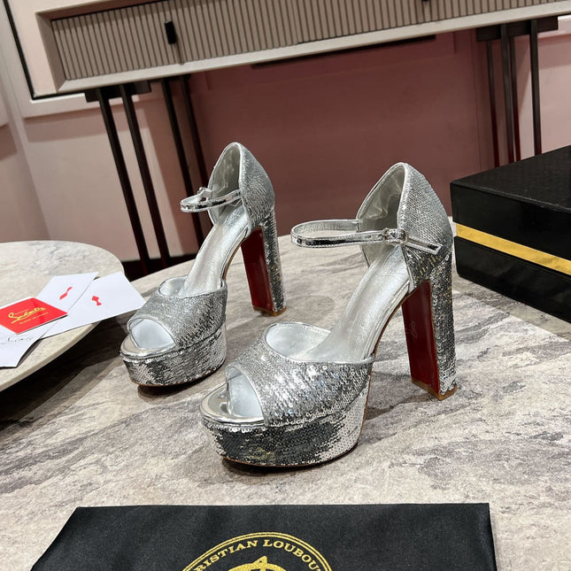 GLITTER SANDALOO PLATFORM SANDALS 130MM IN SILVER-TONE CALFSKIN