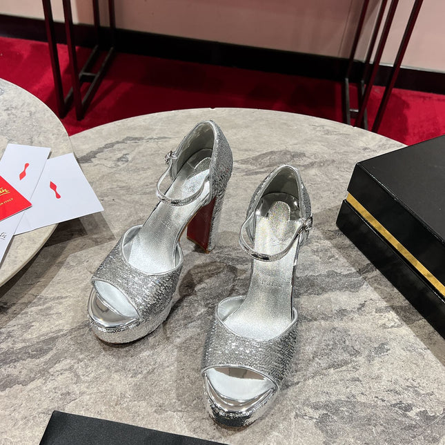 GLITTER SANDALOO PLATFORM SANDALS 130MM IN SILVER-TONE CALFSKIN