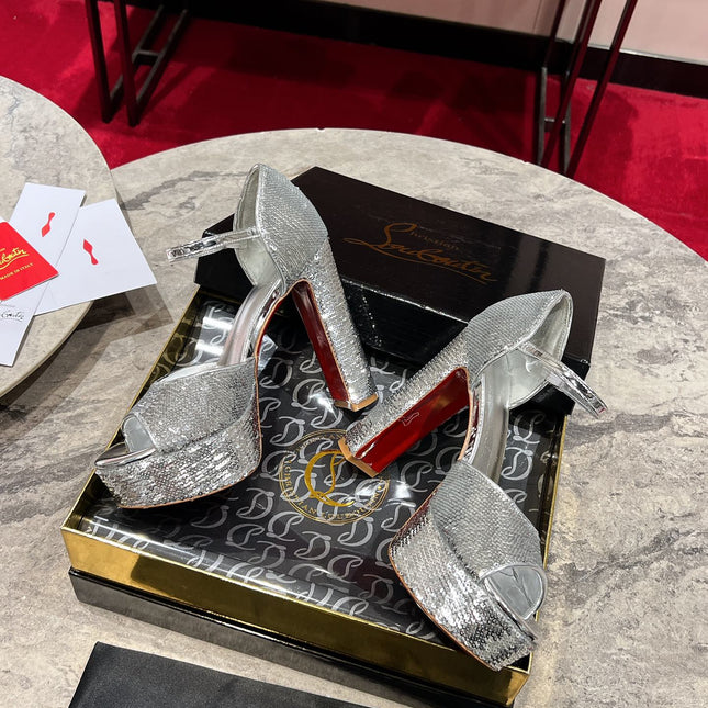 GLITTER SANDALOO PLATFORM SANDALS 130MM IN SILVER-TONE CALFSKIN