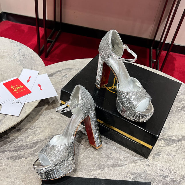 GLITTER SANDALOO PLATFORM SANDALS 130MM IN SILVER-TONE CALFSKIN