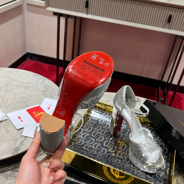 GLITTER SANDALOO PLATFORM SANDALS 130MM IN SILVER-TONE CALFSKIN