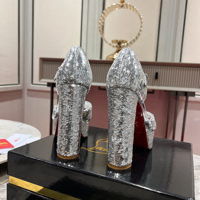 GLITTER SANDALOO PLATFORM SANDALS 130MM IN SILVER-TONE CALFSKIN