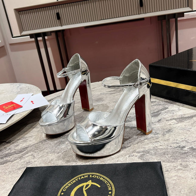 SANDALOO PLATFORM SANDALS 130MM IN SILVER-TONE METALLIC LEATHER