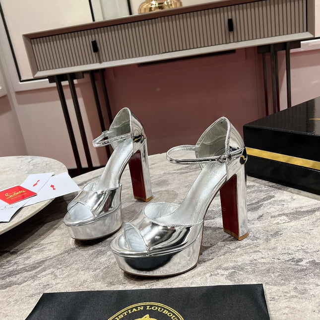 SANDALOO PLATFORM SANDALS 130MM IN SILVER-TONE METALLIC LEATHER