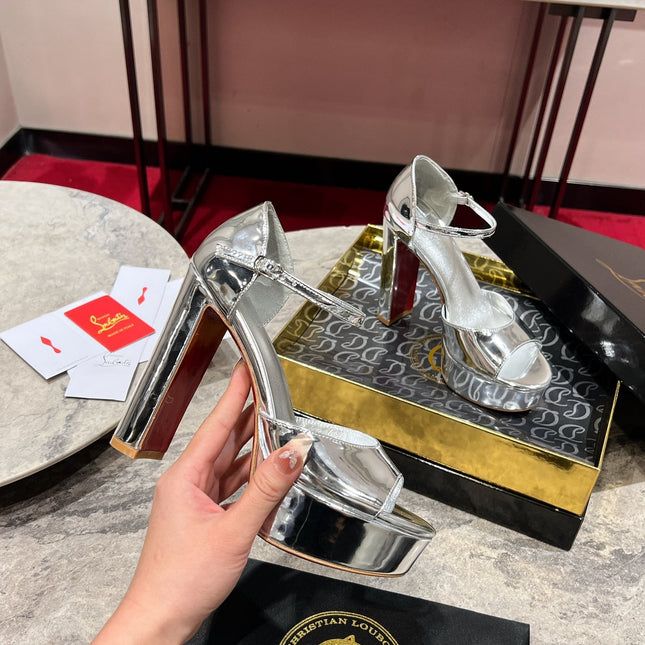 SANDALOO PLATFORM SANDALS 130MM IN SILVER-TONE METALLIC LEATHER