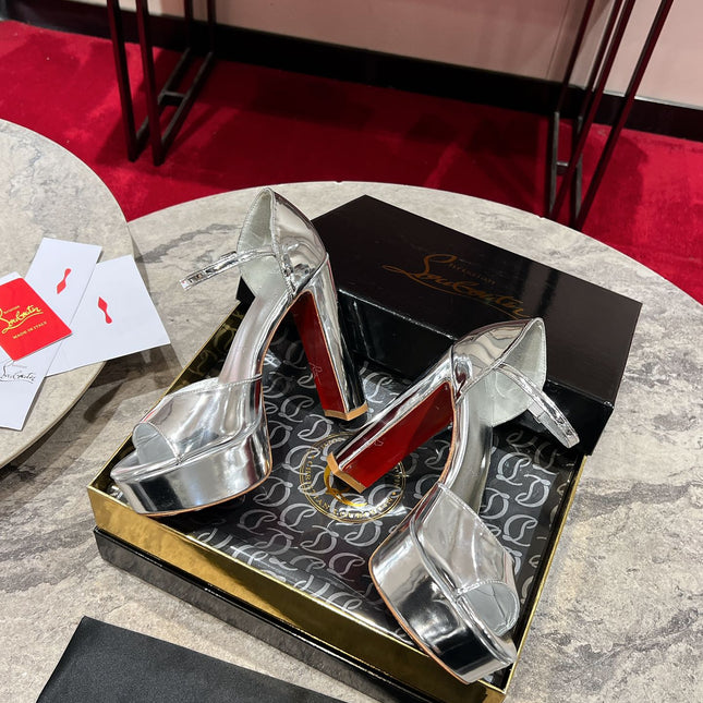 SANDALOO PLATFORM SANDALS 130MM IN SILVER-TONE METALLIC LEATHER