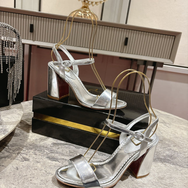 MISS JANE HEELED SANDALS 85MM IN SILVER-TONE CALFSKIN