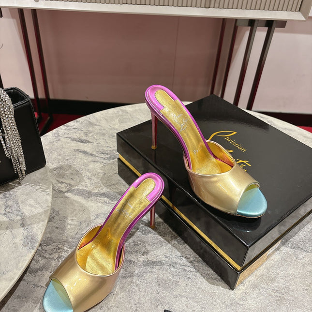IRIDESCENT EFFECT MULES 100MM IN COLORFUL CALFSKIN
