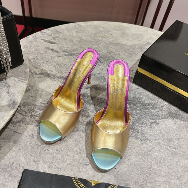 IRIDESCENT EFFECT MULES 100MM IN COLORFUL CALFSKIN