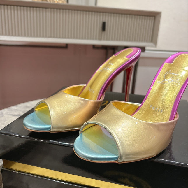 IRIDESCENT EFFECT MULES 100MM IN COLORFUL CALFSKIN