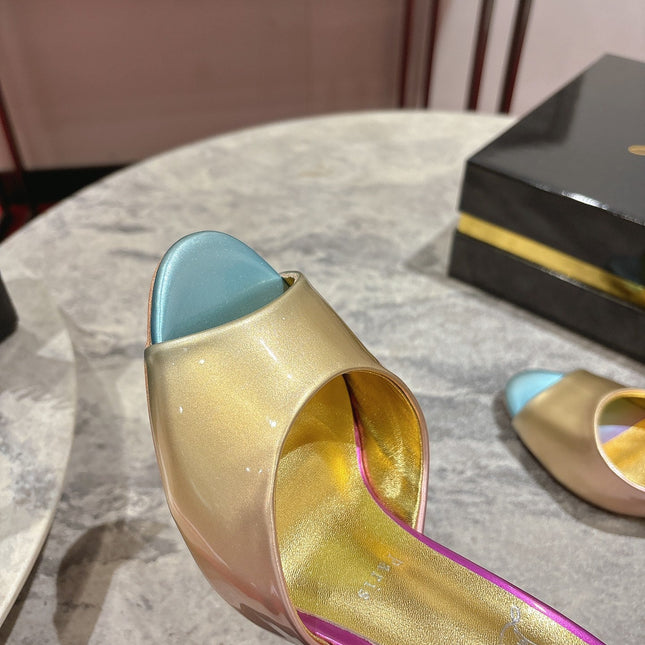 IRIDESCENT EFFECT MULES 100MM IN COLORFUL CALFSKIN