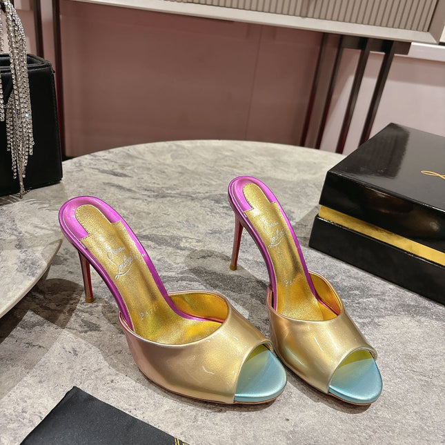 IRIDESCENT EFFECT MULES 100MM IN COLORFUL CALFSKIN
