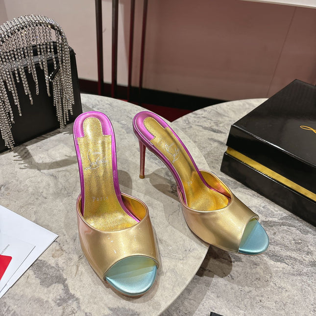 IRIDESCENT EFFECT MULES 100MM IN COLORFUL CALFSKIN