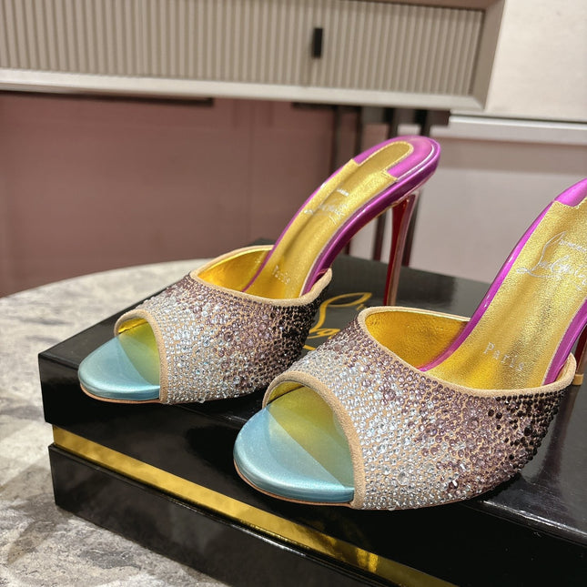 GLITTER IRIDESCENT EFFECT MULES 100MM IN COLORFUL CALFSKIN