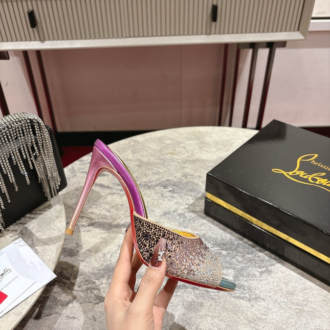 GLITTER IRIDESCENT EFFECT MULES 100MM IN COLORFUL CALFSKIN