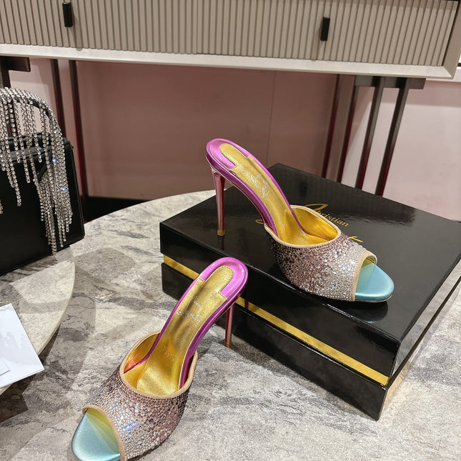 GLITTER IRIDESCENT EFFECT MULES 100MM IN COLORFUL CALFSKIN