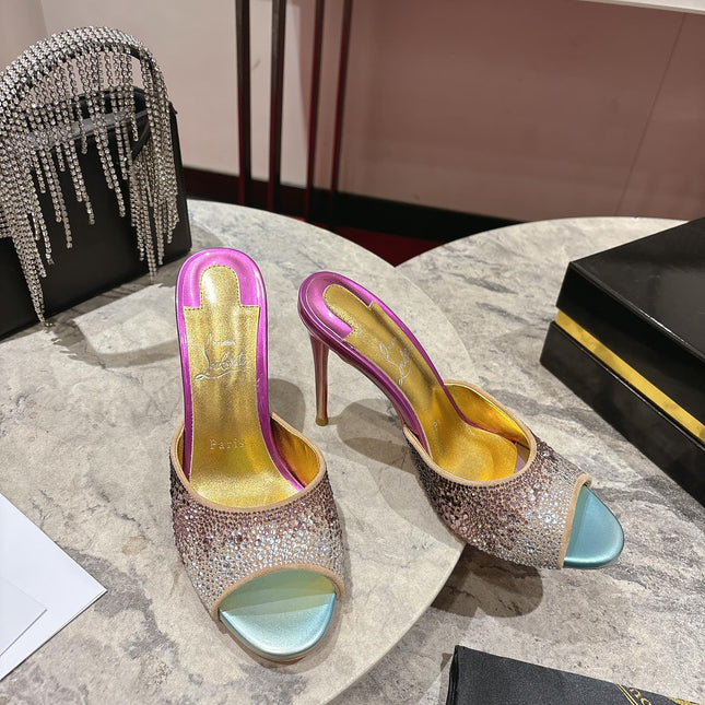 GLITTER IRIDESCENT EFFECT MULES 100MM IN COLORFUL CALFSKIN