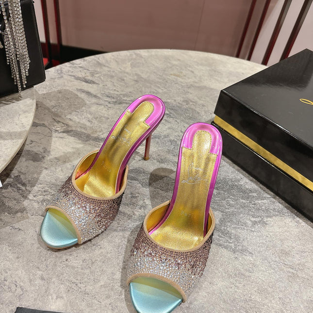 GLITTER IRIDESCENT EFFECT MULES 100MM IN COLORFUL CALFSKIN