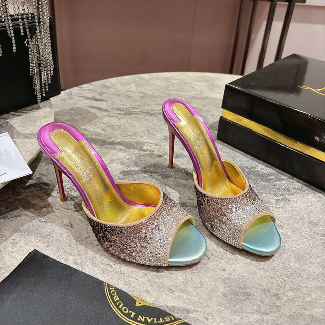 GLITTER IRIDESCENT EFFECT MULES 100MM IN COLORFUL CALFSKIN