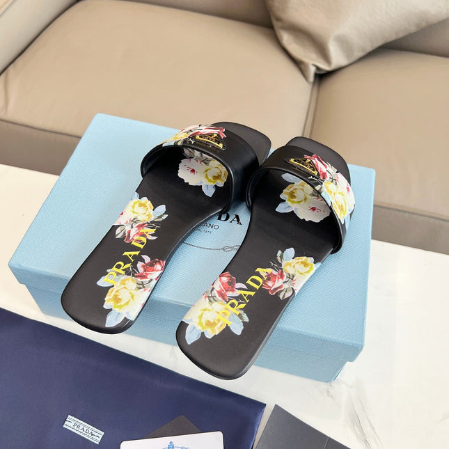 PRA PRINTED SLIDES SLIPPERS BLACK LAMBSKIN