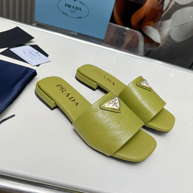 PRA SAFFIANO PATENT SLIDES OSTRICH MOTIF PEAR CALFSKIN