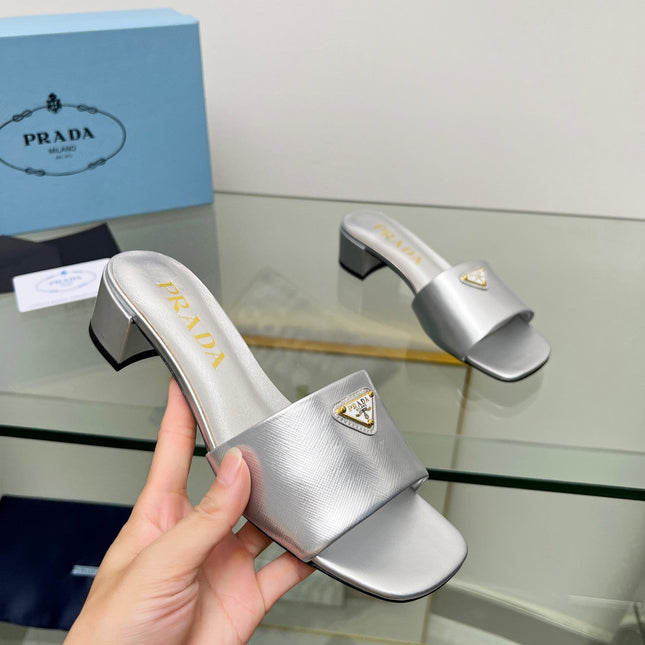 PRA EMBROIDERED SLIDES 40 SILVER CALFSKIN