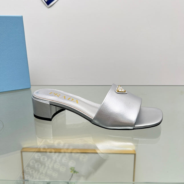 PRA EMBROIDERED SLIDES 40 SILVER CALFSKIN