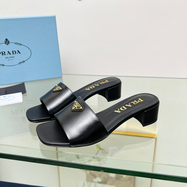PRA EMBROIDERED SLIDES 40 BLACK CALFSKIN