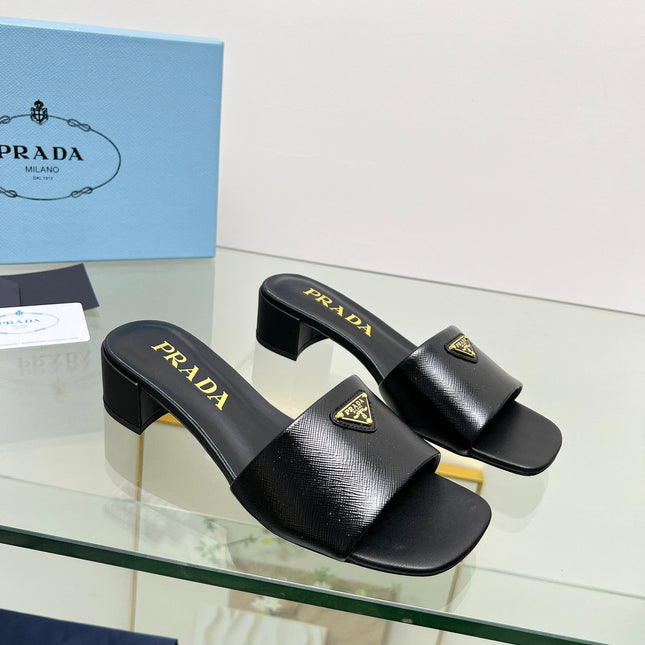 PRA EMBROIDERED SLIDES 40 BLACK CALFSKIN