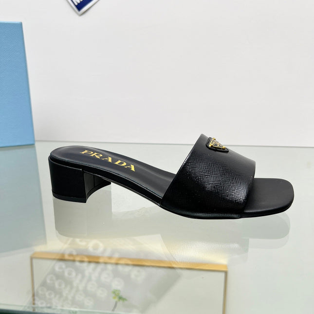 PRA EMBROIDERED SLIDES 40 BLACK CALFSKIN