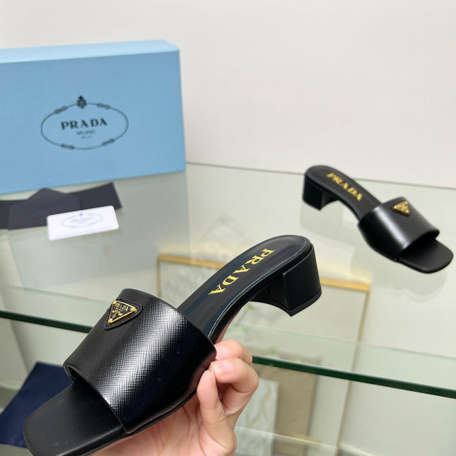 PRA EMBROIDERED SLIDES 40 BLACK CALFSKIN