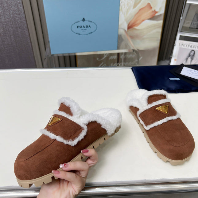 SUEDE AND SHEARLING MULES UMBER BROWN