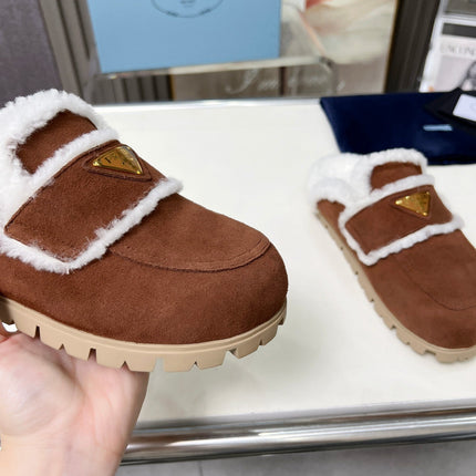 SUEDE AND SHEARLING MULES UMBER BROWN