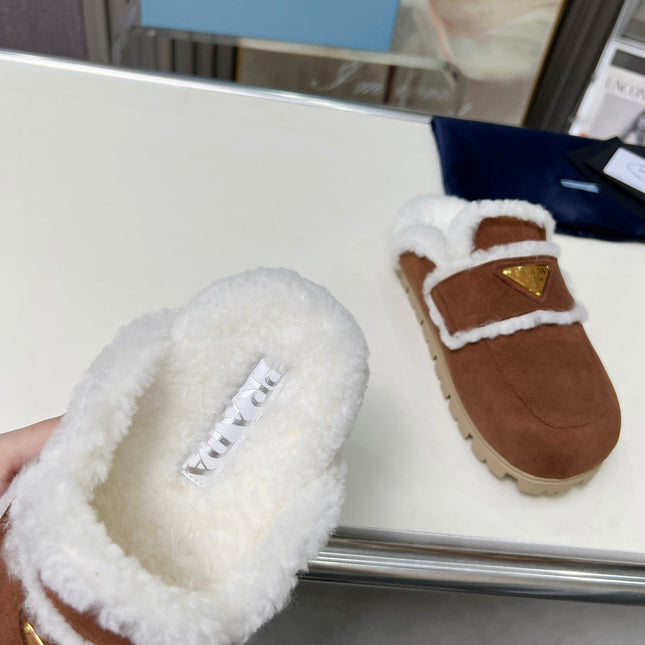 SUEDE AND SHEARLING MULES UMBER BROWN