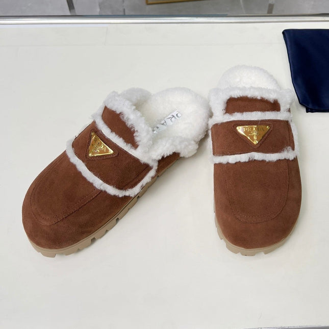 SUEDE AND SHEARLING MULES UMBER BROWN