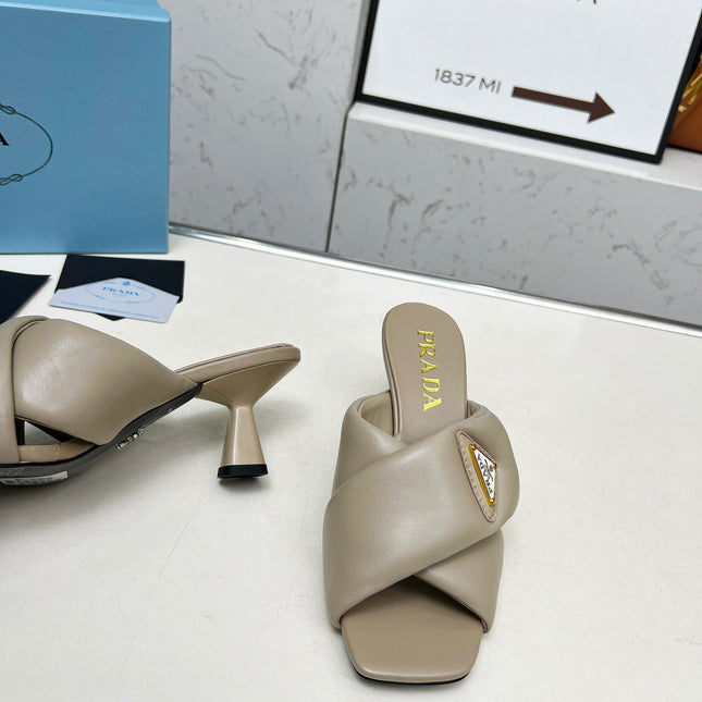 PRA CROSS MULE HEELS IN BEIGE CALFSKIN WITH PADDED STRAPS