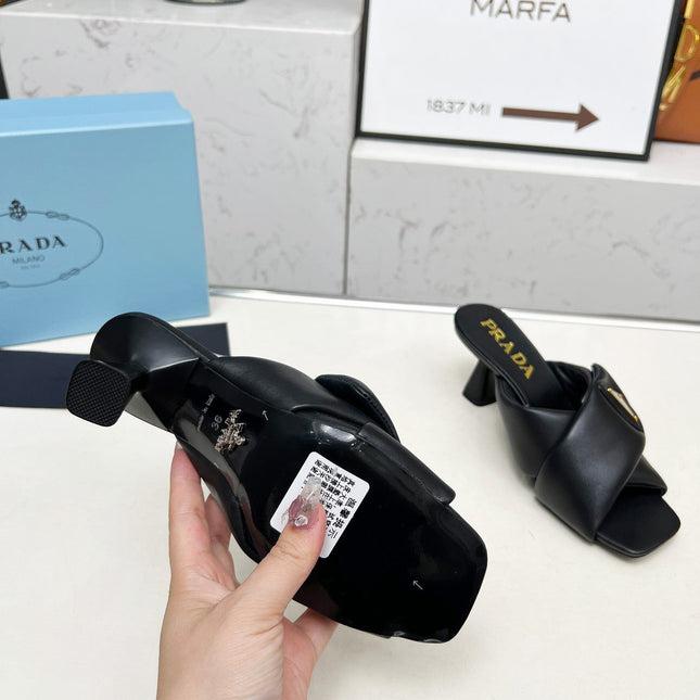 PRA CROSS MULE HEELS IN BLACK CALFSKIN WITH PADDED STRAPS