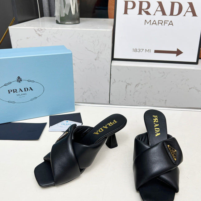 PRA CROSS MULE HEELS IN BLACK CALFSKIN WITH PADDED STRAPS