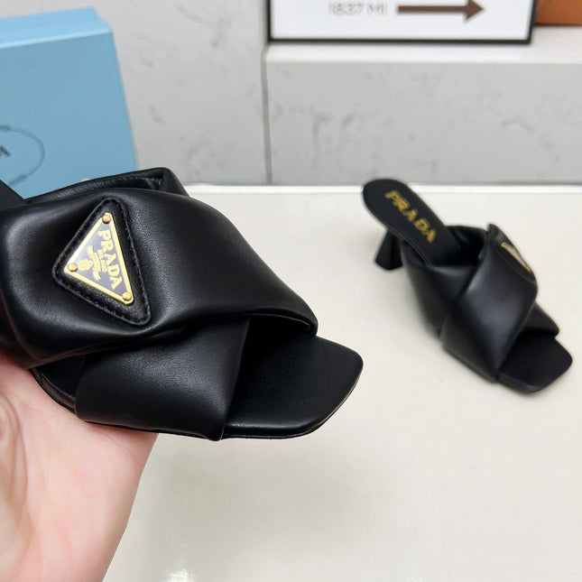 PRA CROSS MULE HEELS IN BLACK CALFSKIN WITH PADDED STRAPS