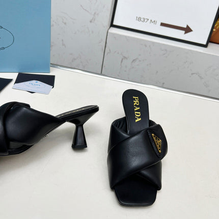 PRA CROSS MULE HEELS IN BLACK CALFSKIN WITH PADDED STRAPS