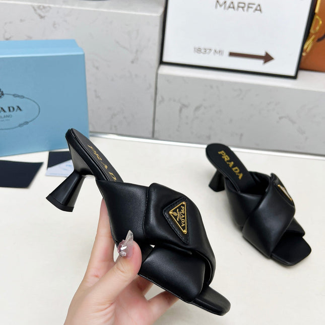 PRA CROSS MULE HEELS IN BLACK CALFSKIN WITH PADDED STRAPS