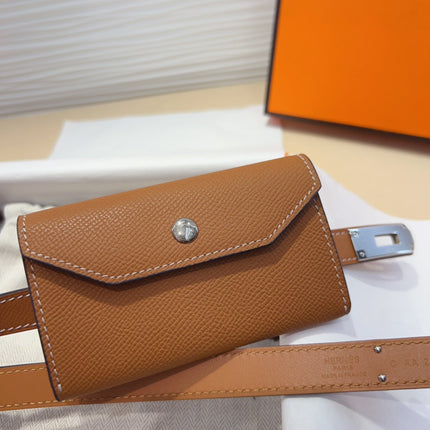 HM KELLY POCKET 18MM BELT CINNAMON BROWN LEATHER SILVER HARDWARE