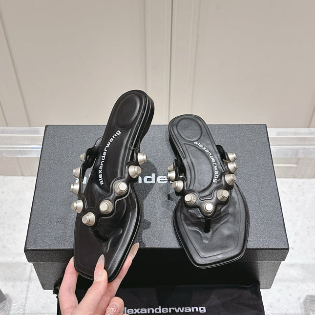 RHODES STUDDED THONG SANDALS IN BLACK CALFSKIN