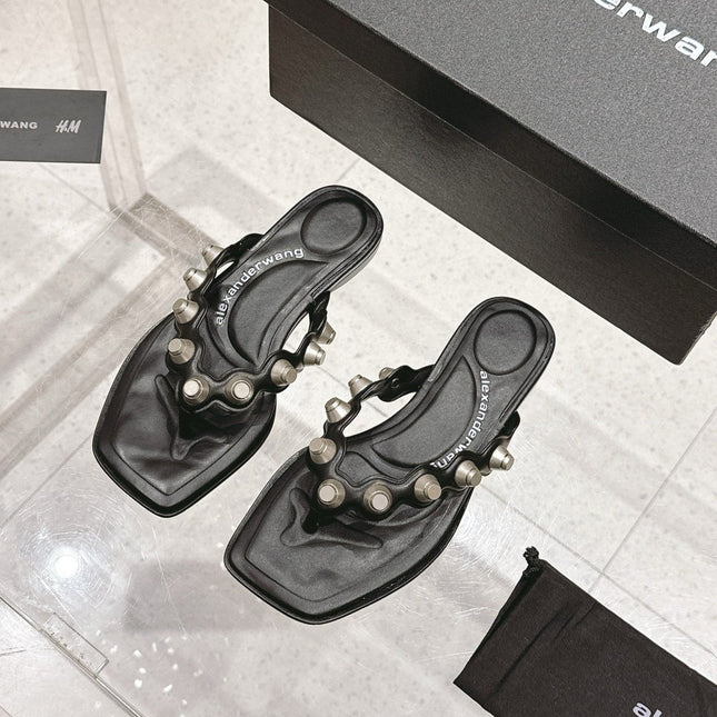 RHODES STUDDED THONG SANDALS IN BLACK CALFSKIN