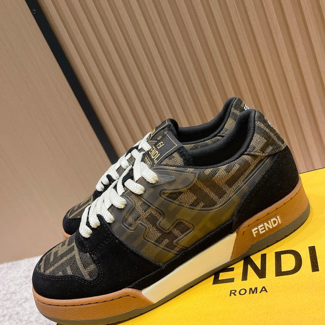 FENDI 25S MATCH SNEAKERS IN BLACK SUEDE MIX BROWN CANVAS STYLE 5