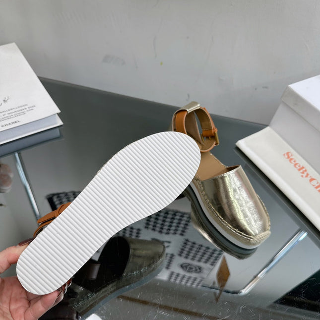 SEE BY ESPADRILLES SANDAL IN LIGHT GOLD CALFSKIN AND WOVEN RAFFIA