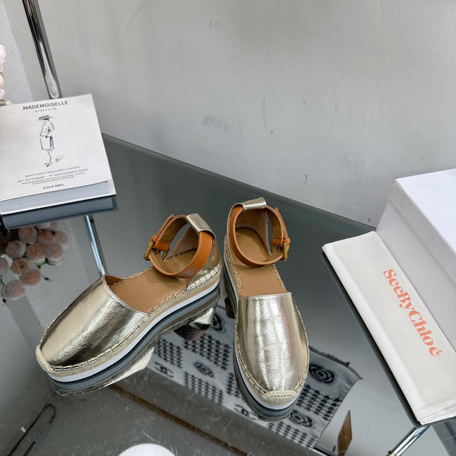 SEE BY ESPADRILLES SANDAL IN LIGHT GOLD CALFSKIN AND WOVEN RAFFIA