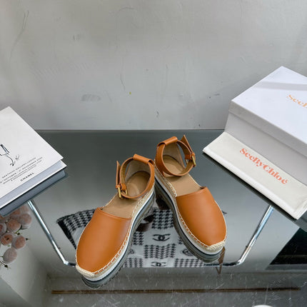 SEE BY ESPADRILLES SANDAL IN COPPER BROWN CALFSKIN AND WOVEN RAFFIA