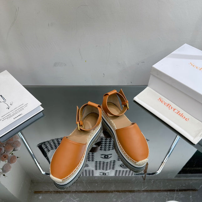 SEE BY ESPADRILLES SANDAL IN COPPER BROWN CALFSKIN AND WOVEN RAFFIA